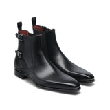 Autumn and winter new men's pure black round toe buckle Low profile British men's leather boots